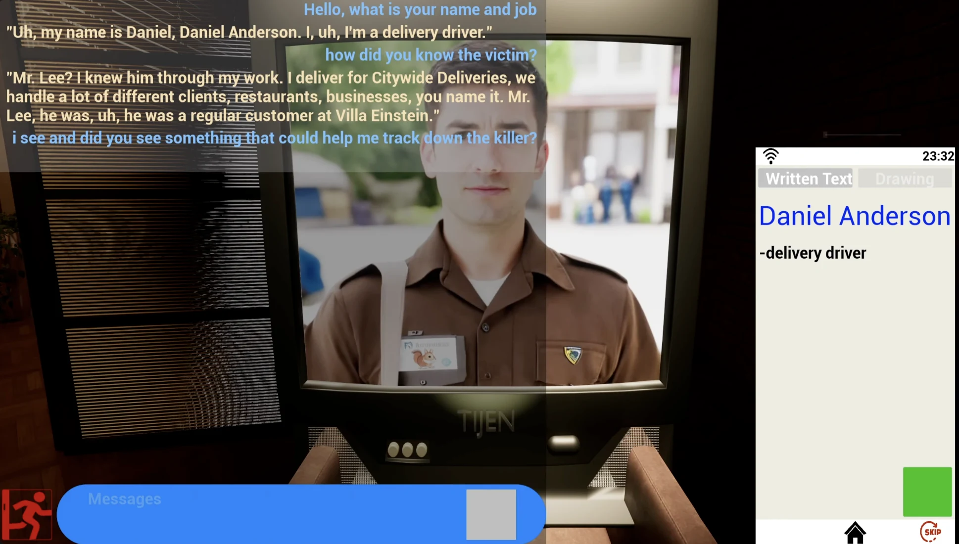 A suspect interview beside the in-game phone and case notes