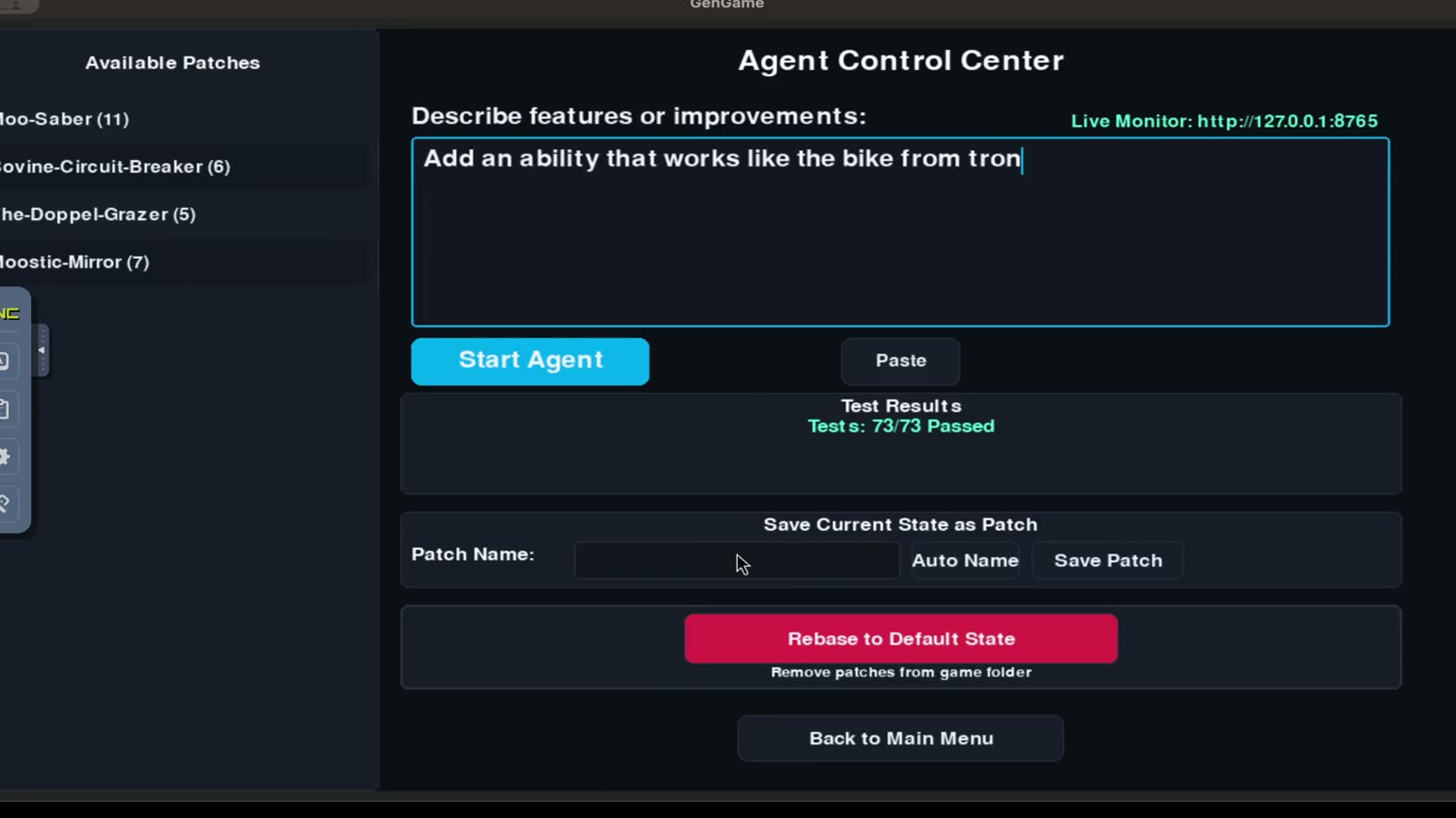 Core Conflict agent control center displaying passing tests