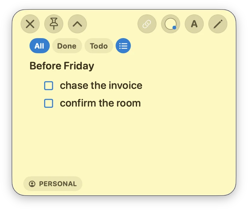 A real Noty note with a Before Friday checklist and All, Done, and Todo filters